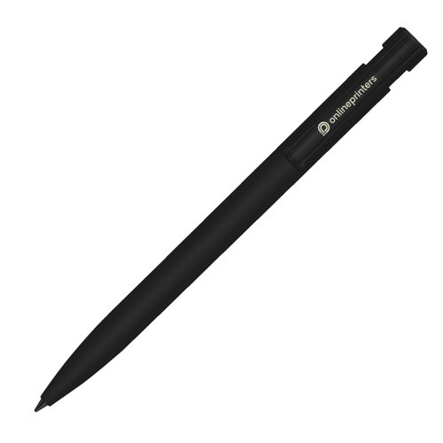 Black plastic ballpoint pen with push mechanism and soft-touch finish.