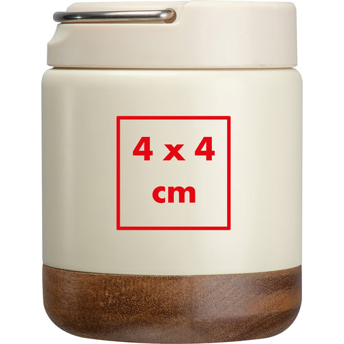 Beige metal food container with wooden base and handle.