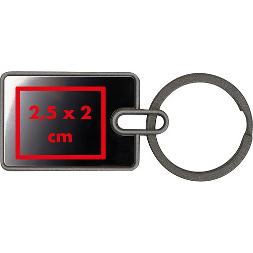 Rectangular metal keychain with keyring.
