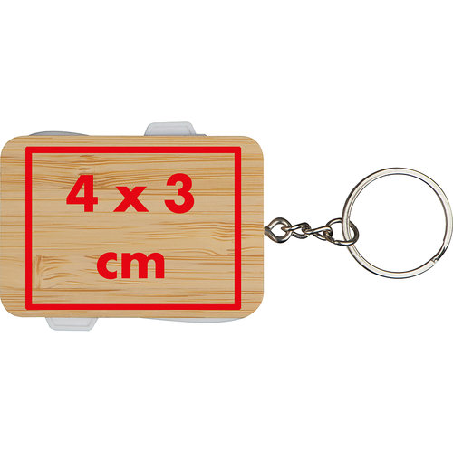 Wooden keychain with metal ring and integrated bottle opener.