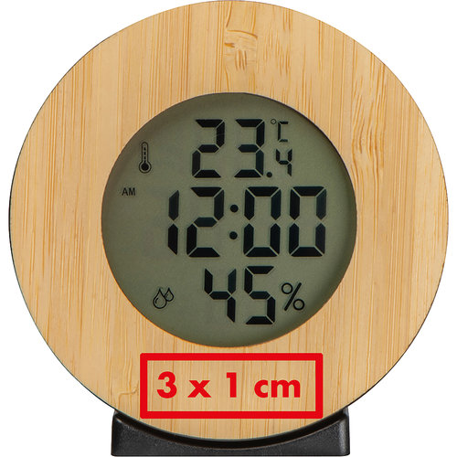 Wooden weather station with digital display and sensors.