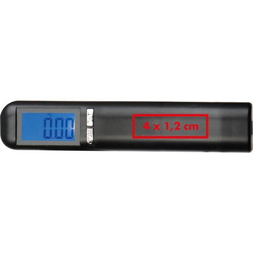 Black luggage scale with digital display and hanging strap.