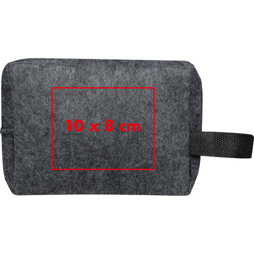 Gray felt cosmetic bag with zipper and carrying loop.