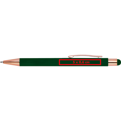Green ballpoint pen with touch pen and clip.