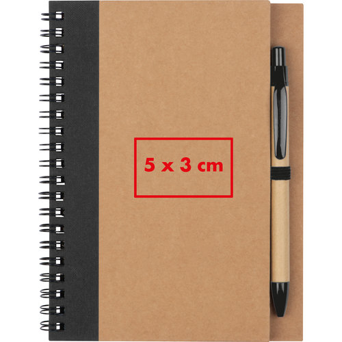Notepad with spiral binding and pen holder.
