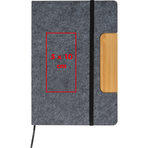 Gray felt notebook with elastic band and bamboo application.
