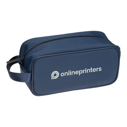 Dark blue fabric cosmetic bag with zipper and carrying handle.
