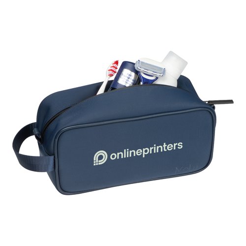 Dark blue cosmetic bag with zipper and carrying handle.