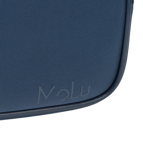 Dark blue fabric cosmetic bag with zipper.