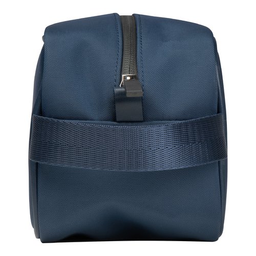Dark blue fabric cosmetic bag with zipper.