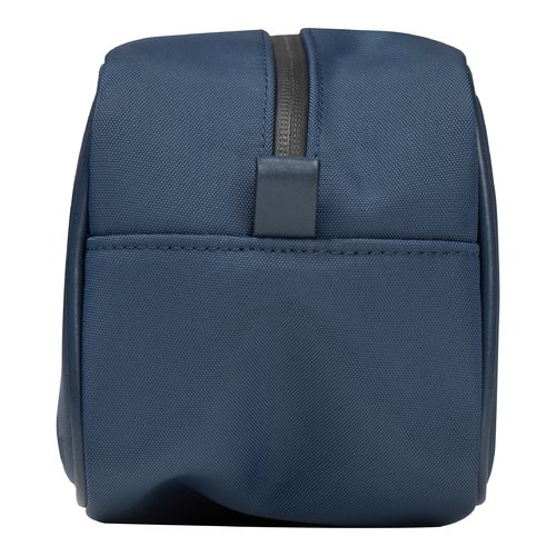 Dark blue cosmetic bag with zipper.