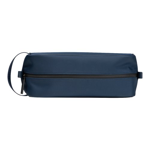 Dark blue cosmetic bag with zipper and carrying loop.