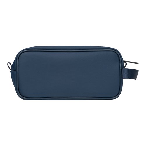Dark blue fabric cosmetic bag with zipper.