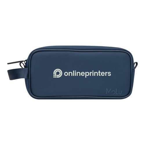 Blue cosmetic bag with zipper and carrying loop.