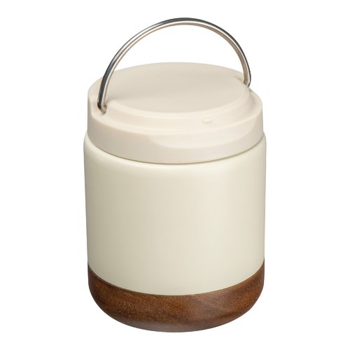 White food container with wooden base and metal handle.
