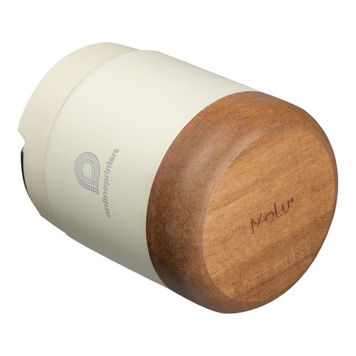 White stainless steel food container with wooden accents.
