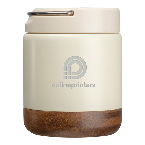 Beige stainless steel food container with wood base and carrying handle.