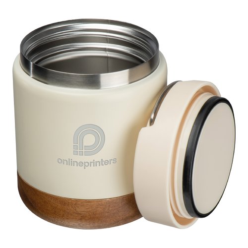 White stainless steel and wood food container with lid.
