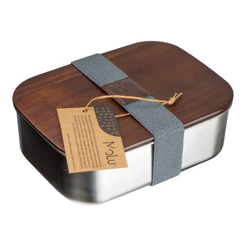 Silver-gray metal and wood lunchbox with closure strap.