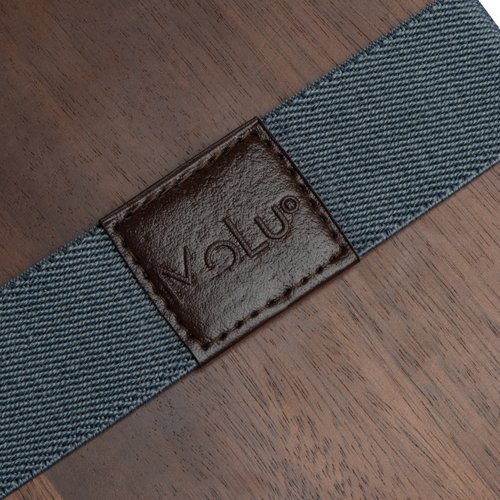 Silver-gray wooden lunchbox with fabric band and closure.