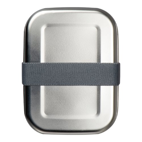 Silver-gray metal lunchbox with rubber band.
