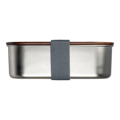 Silver-gray metal lunchbox with wooden lid and rubber band.