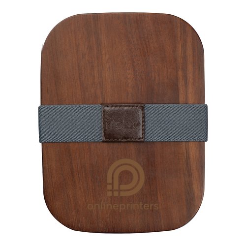 Brown wooden lunchbox with elastic strap.