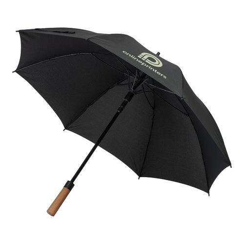 Black umbrella with wooden handle.