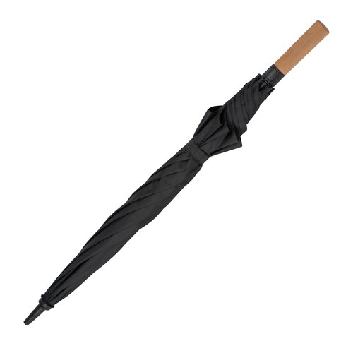 Black umbrella with wooden handle and cover.