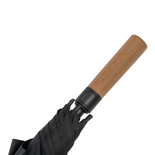 Black umbrella with wooden handle and manual opening mechanism.