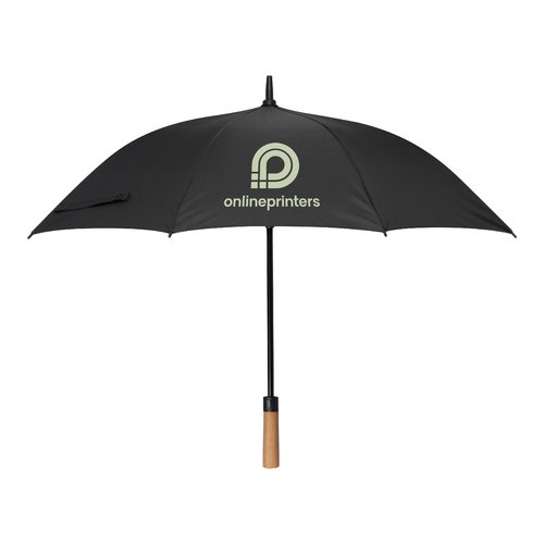 Black umbrella with wooden handle and cover.