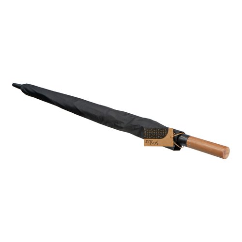 Black umbrella with wooden handle.