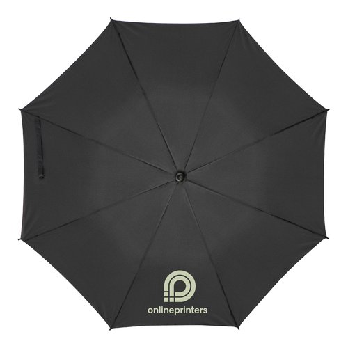 Black umbrella with cover and manual opening mechanism.