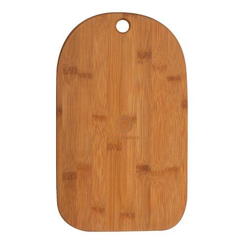 Bamboo cutting board with rounded corners and hanging hole.