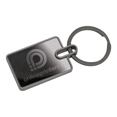 Anthracite metal keychain with rectangular shape and key ring.