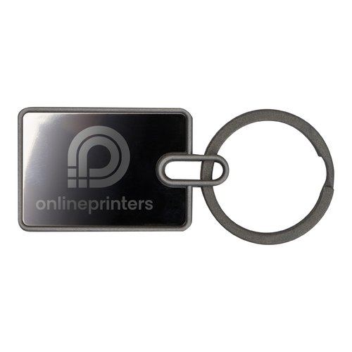 Metal keychain, rectangular with key ring.