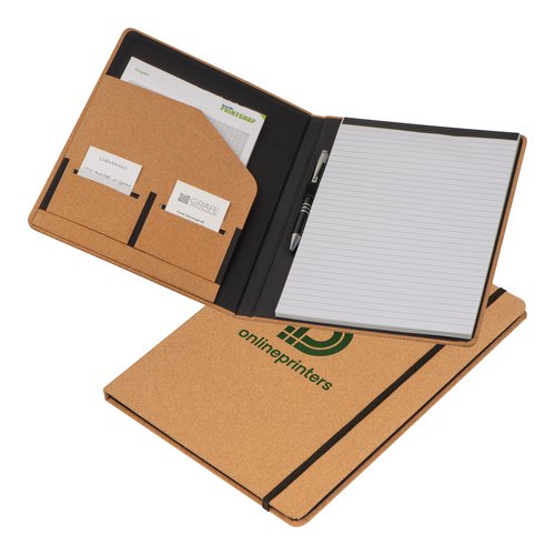 Beige cork writing folder with pen loop, notepad and several pockets.