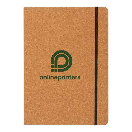 Cork writing folder with elastic band closure.