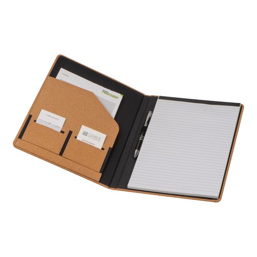 Beige cork writing folder with pen loop, notepad, and business card slots.