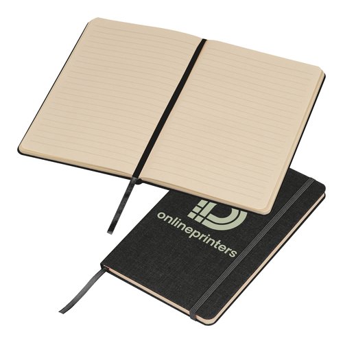 Black notebook with elastic band and bookmark.