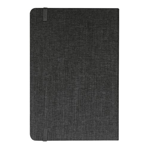 Black notebook with elastic band closure.