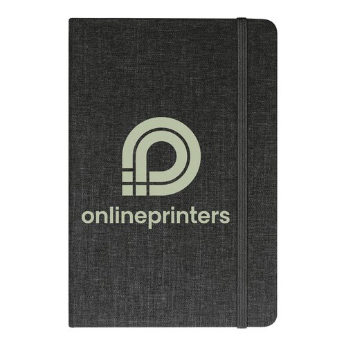 Gray notebook with elastic band closure.