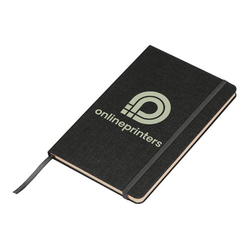 Black notebook with elastic band and ribbon bookmark.