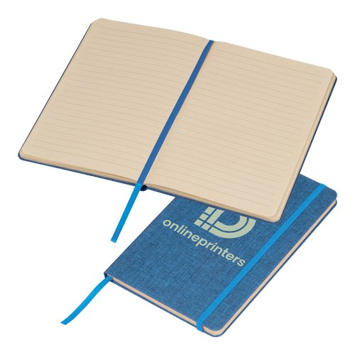 Blue notebook with elastic closure and ribbon bookmark.