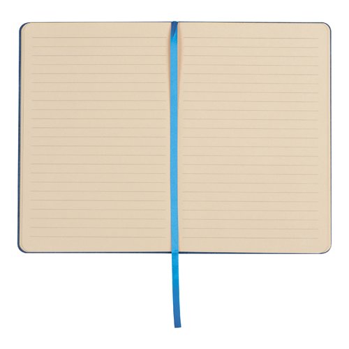 Blue notebook with lined pages and ribbon bookmark.