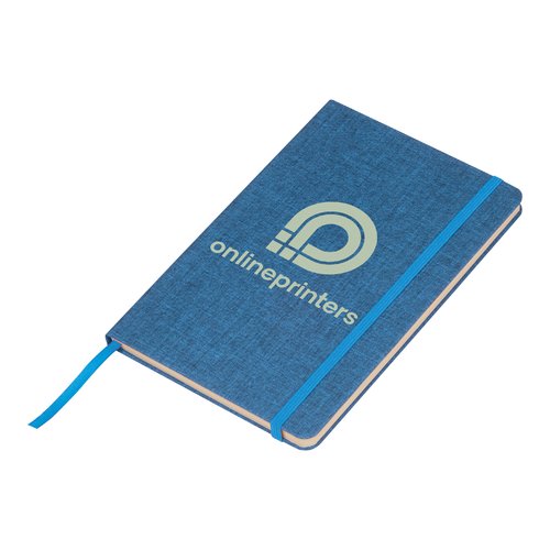 Blue notebook with hardcover, elastic band and ribbon bookmark.