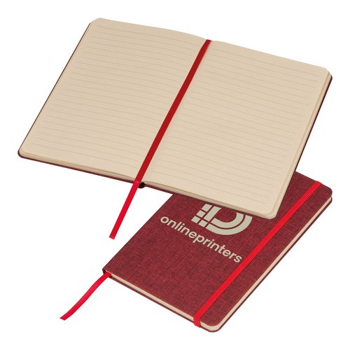Red notebook with elastic band and ribbon bookmark.