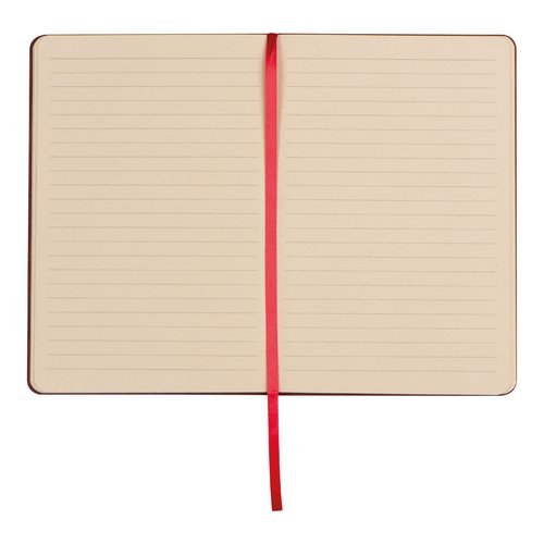 Red notebook with bookmark ribbon and lined pages.