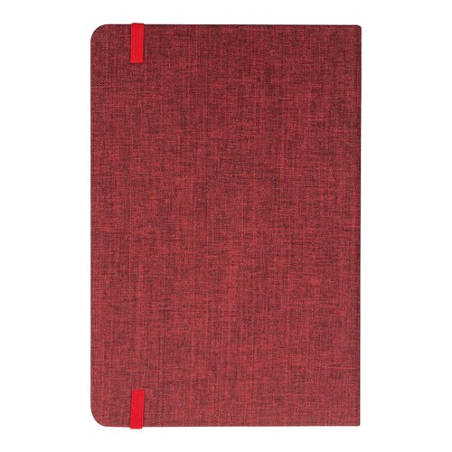 Red notebook with elastic band closure.