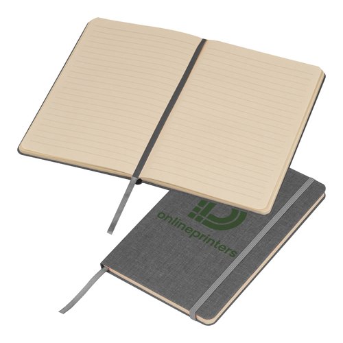 Silver-gray notebook with elastic band and ribbon bookmark.